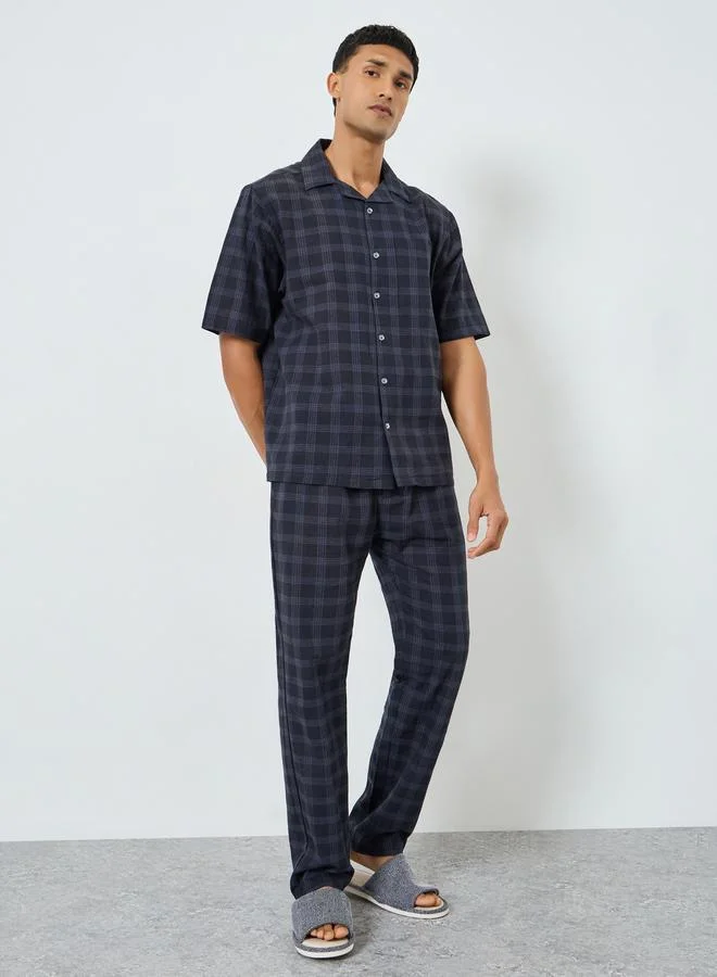 Styli Men Checked Print Buttoned Shirt and Pyjama Set